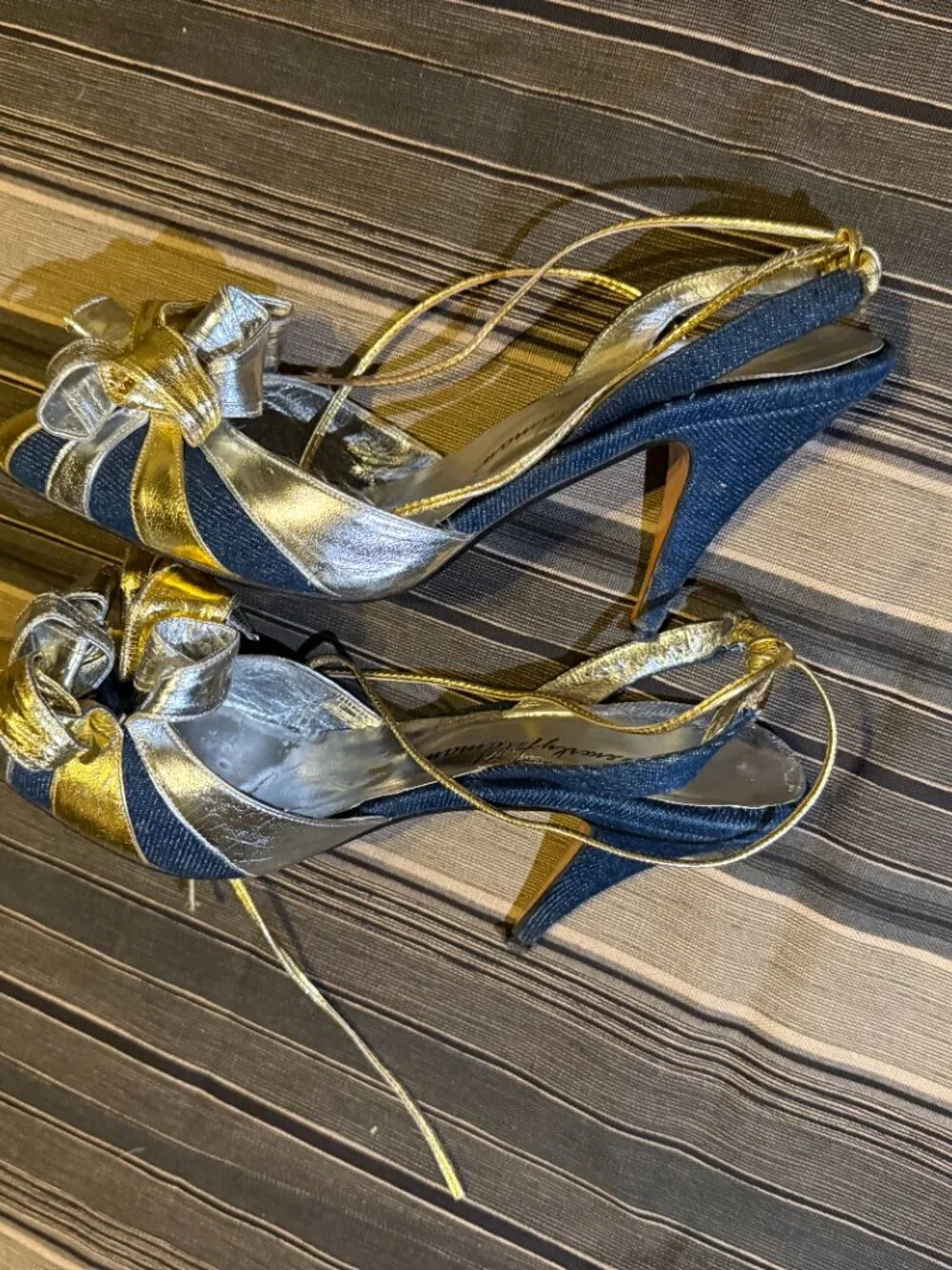 Vintage 80s Beverly Feldman Metallic Ankle-Tie Leather Spiral Heels Size 7